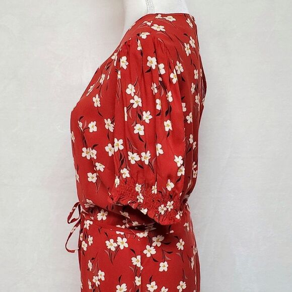 VINTAGE Red White Floral Boho Smocked Sleeve Keyhole Belted Maxi Dress Large - Picture 8 of 12